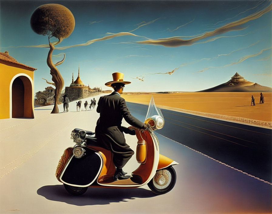 Surreal painting of man on motor scooter in desert landscape