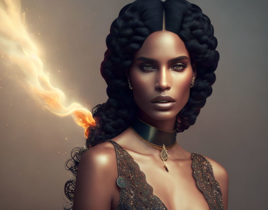 Digital Artwork: Woman with Braided Hair, Flames, Strong Makeup, Choker