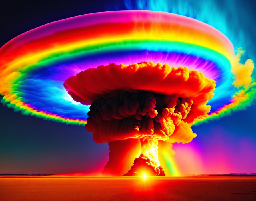 Colorful Mushroom Cloud Explosion Against Blue Sky with Rainbow Pattern