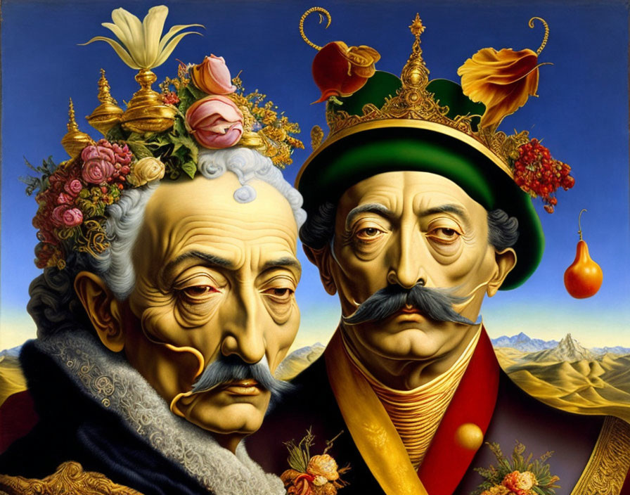 Surreal portrait: Two men with exaggerated facial features and elaborate headdresses against a mountainous backdrop