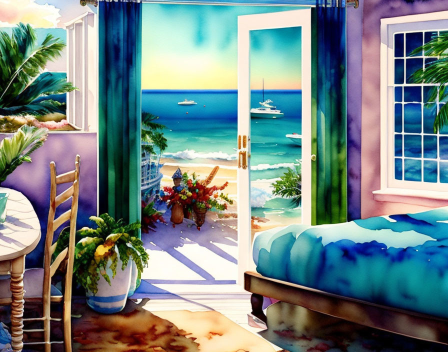 Vibrant room with beach view, bed, and dining area