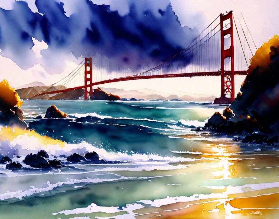 Golden Gate Bridge Watercolor Painting with Blue Waters and Dramatic Sky