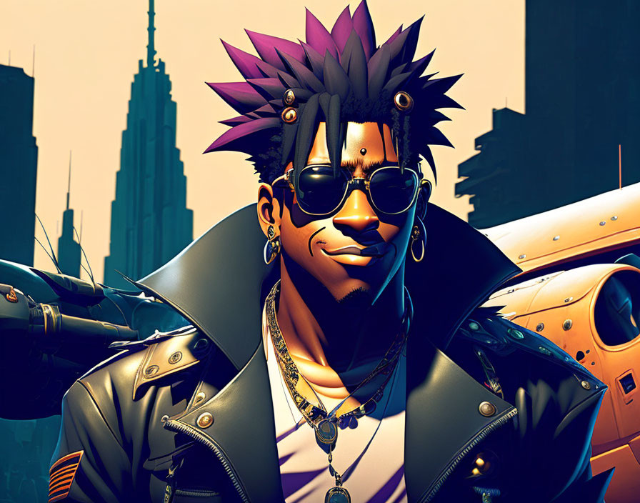 Purple Mohawk Animated Character in Leather Jacket with Sunglasses and Helicopter Background