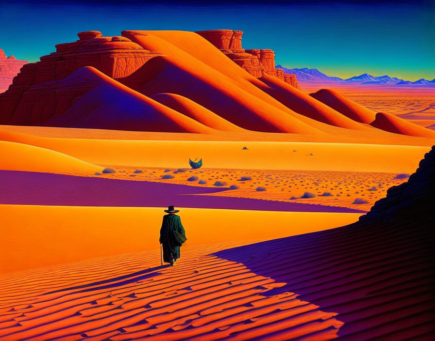 Person in Black Outfit Walking Towards Vibrant Orange Sand Dunes