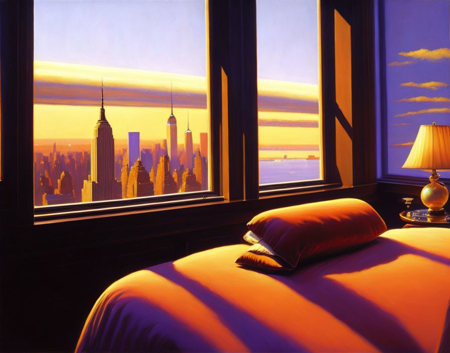 Tranquil bedroom with open window revealing city skyline sunset view