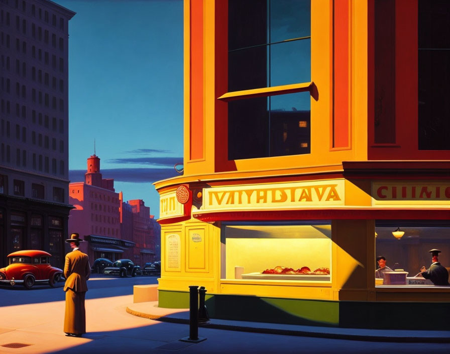 Colorful painting of a street corner diner at dusk with a man in a suit and hat