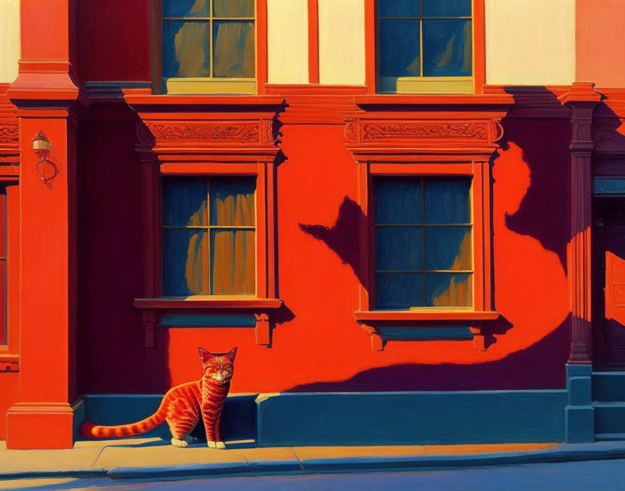 Vibrant Orange Tabby Cat Painting by Red Building Wall