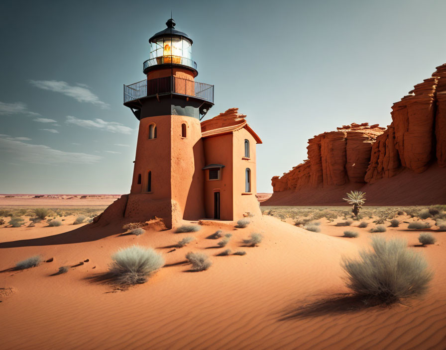 Desert lighthouse partially buried in sand dunes