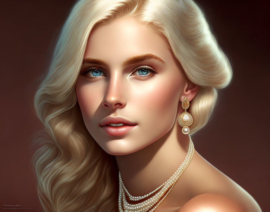 Digital portrait of woman with wavy blonde hair and blue eyes wearing gold earrings and pearl necklace