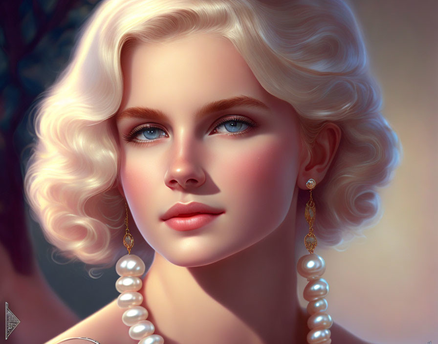 Blonde Woman Portrait with Blue Eyes and Pearl Necklace