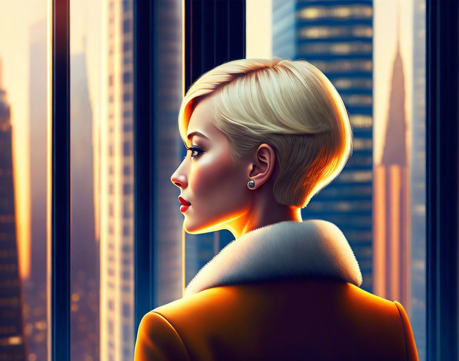 Blonde woman in fur collar coat gazes at cityscape sunset