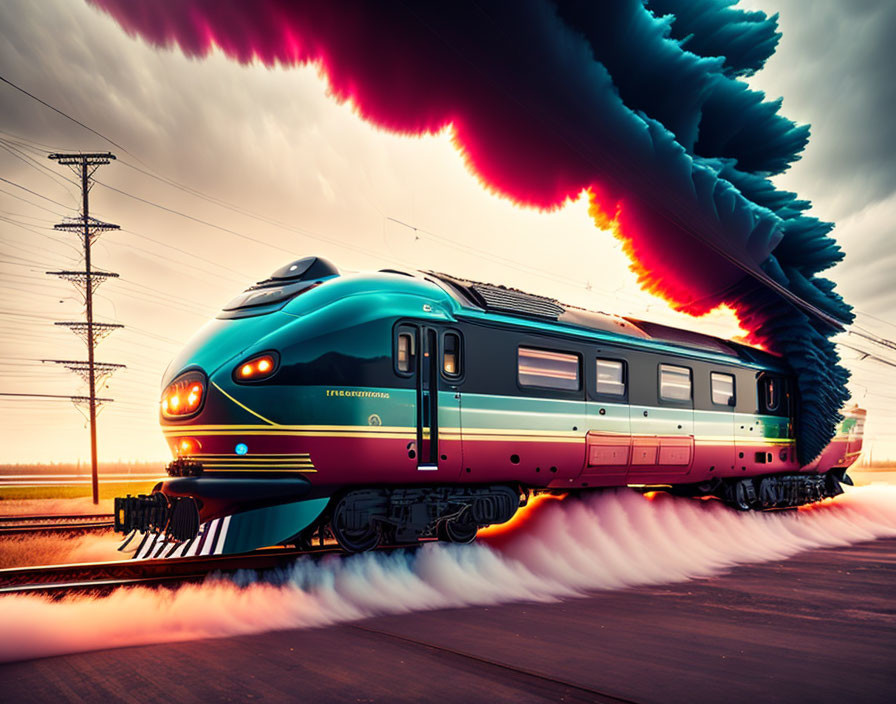 Digitally altered train image with peacock-like trail in dusk sky