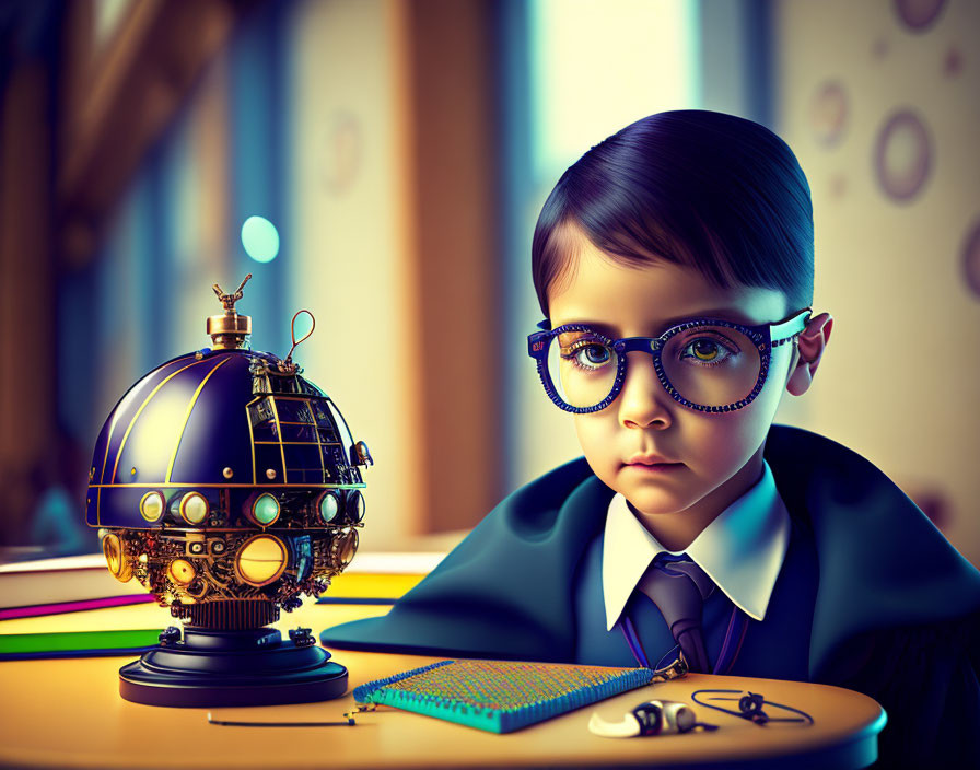 Young boy in suit with glasses at desk in steampunk-themed room