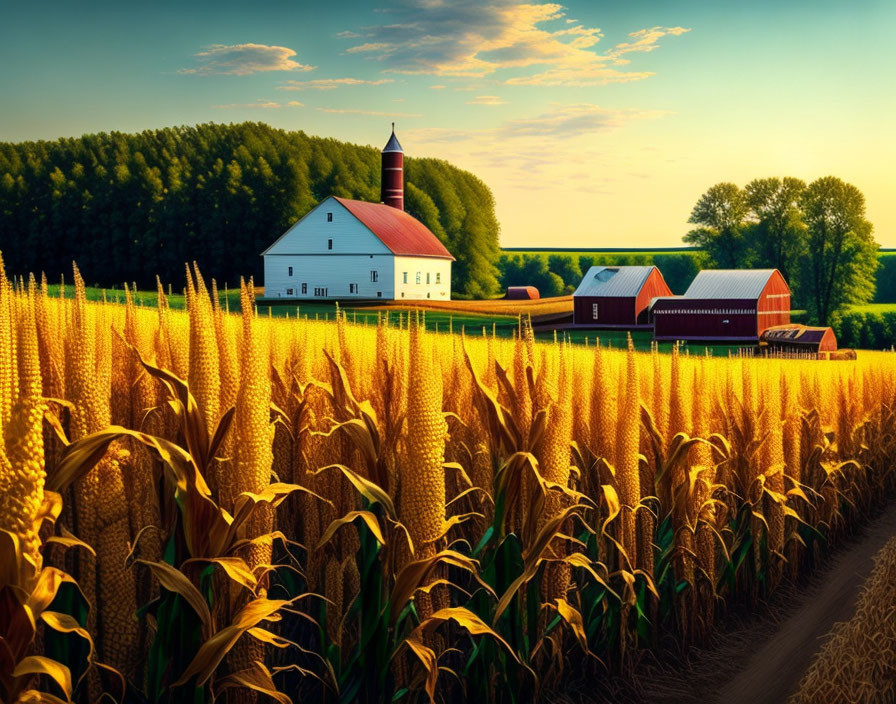 Scenic farm with white church, ripe corn, red barns, and lush trees in golden hour