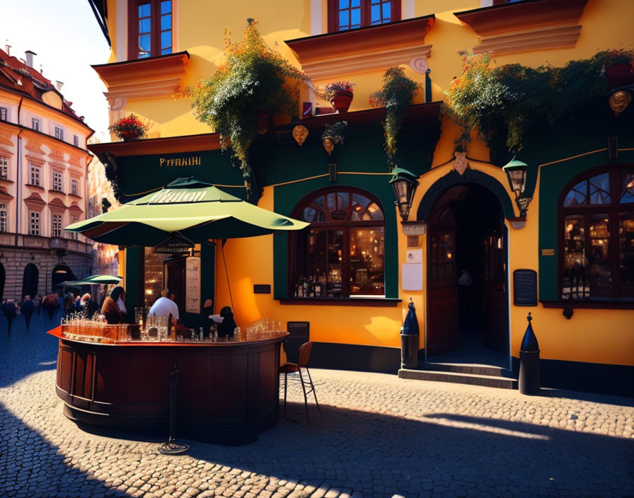 Tranquil urban scene: vibrant yellow building with outdoor bar under green umbrella