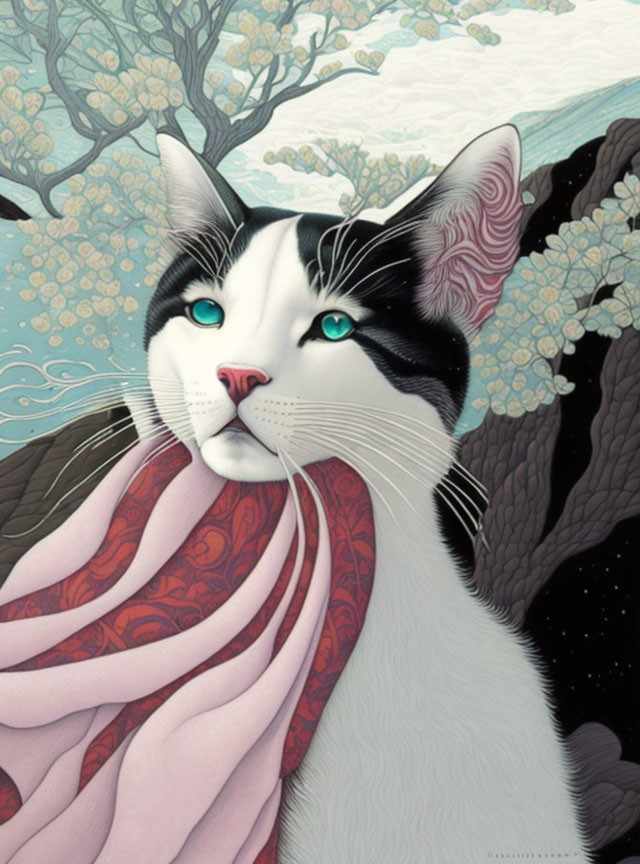 Illustration of cat with blue eyes and pink scarf in whimsical tree background