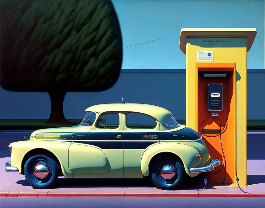 Vintage Yellow and Green Car Next to Retro Yellow Gas Pump on Vibrant Blue Background