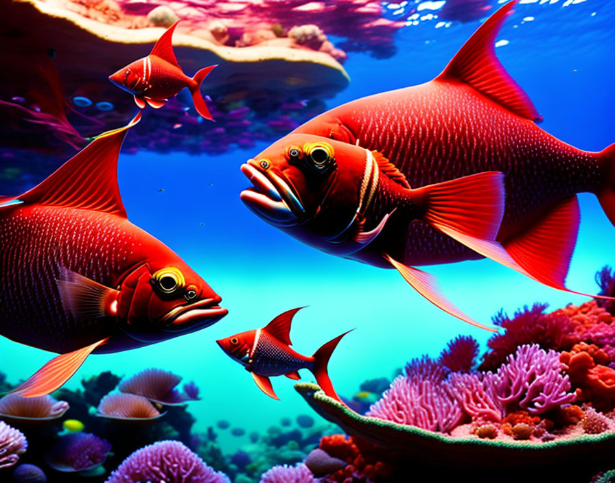 Colorful Fish and Coral Reefs in Deep Blue Underwater Scene