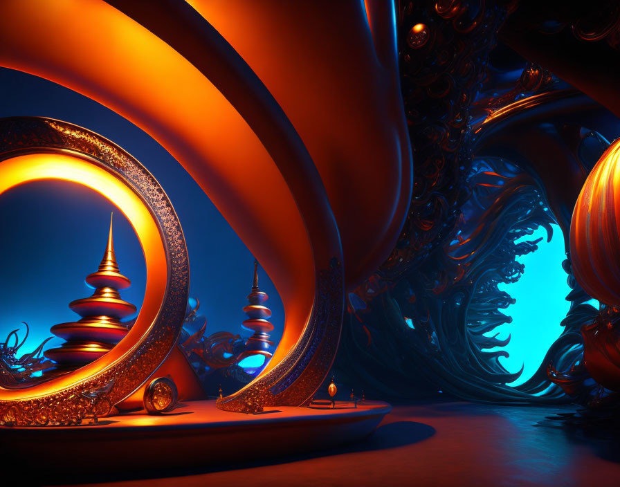 Abstract 3D Render: Swirling Orange and Blue Shapes with Metallic Details in Surreal Cavern