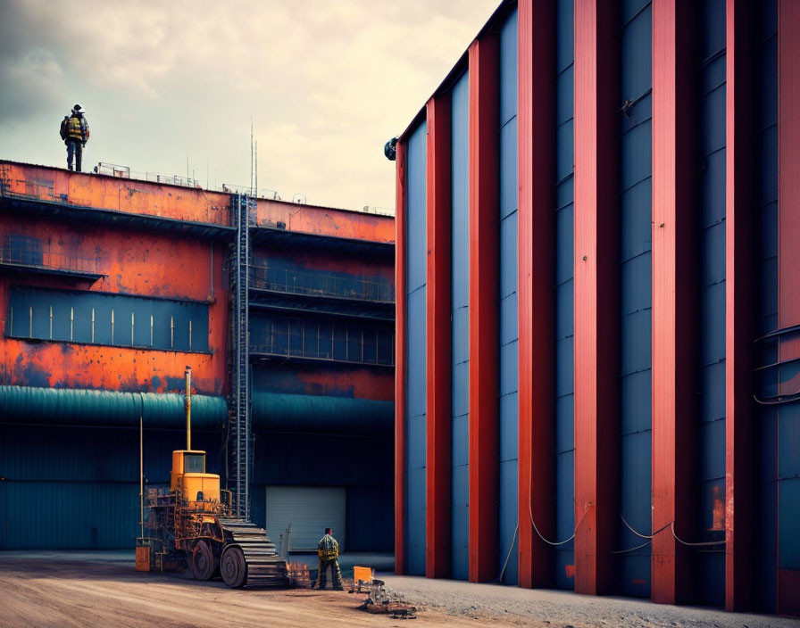 Industrial scene with workers in high-vis attire near heavy machinery and red building