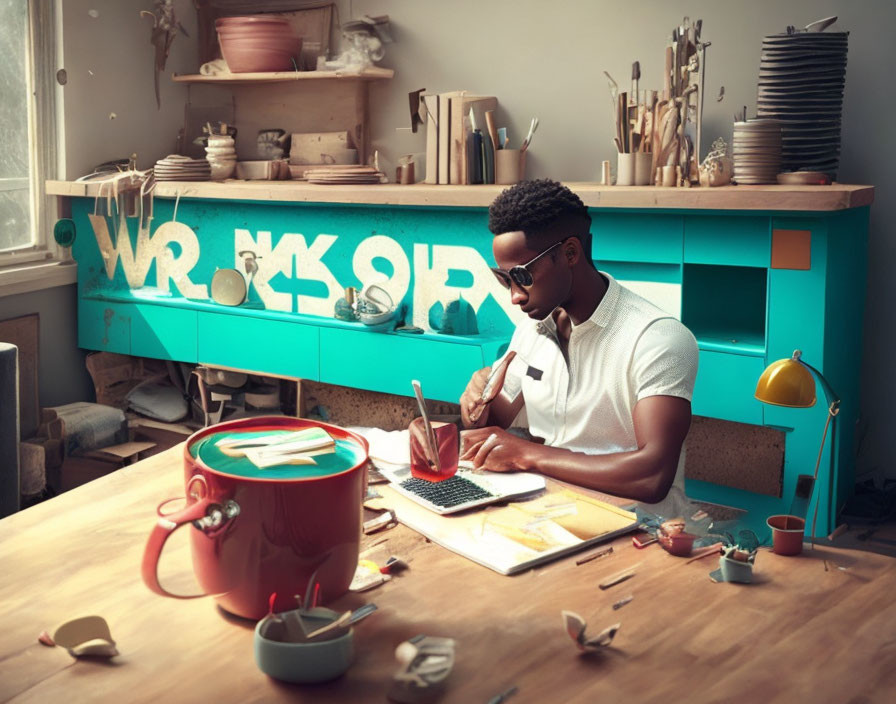 Man in sunglasses working on laptop surrounded by pottery and tools with red cup.