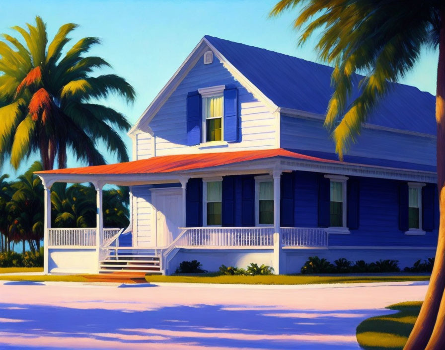 Blue house with front porch, white railings, lush palm trees - vibrant painting