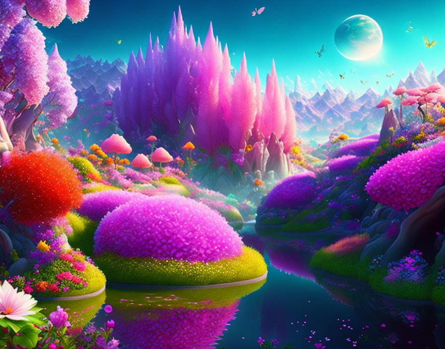 Colorful Fluffy Trees in Serene Fantasy Landscape