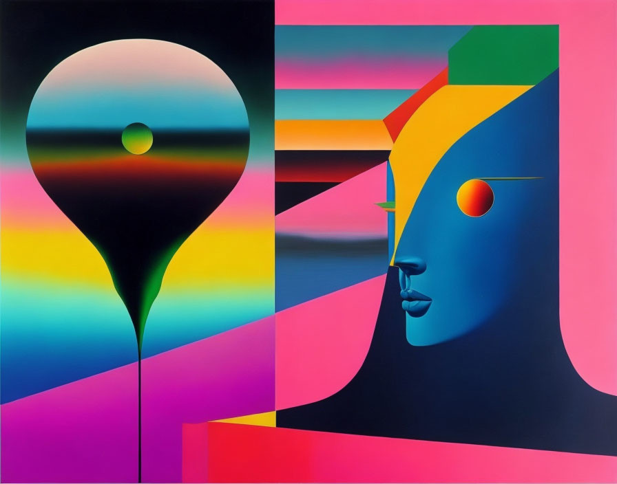 Vibrant abstract art: landscape and profile merge with geometric gradients