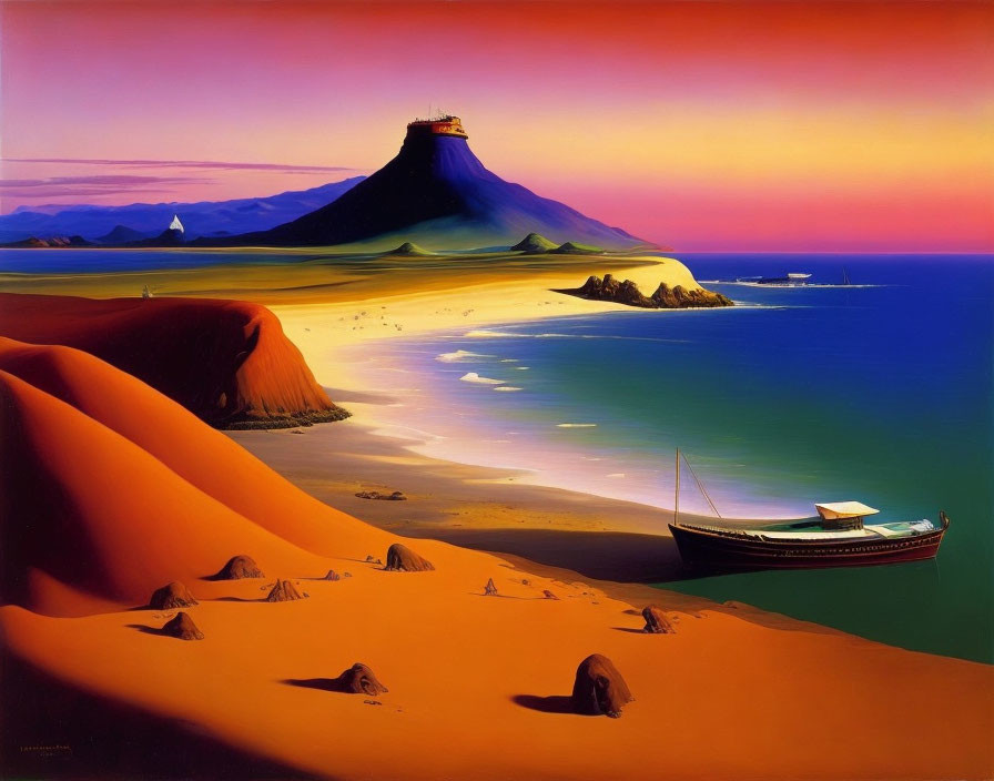 Scenic painting of tranquil beach with boat, golden dunes, mountain backdrop, colorful sky