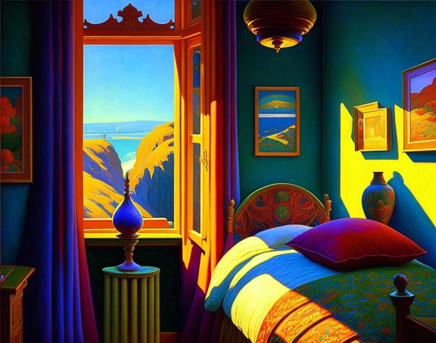 Colorful Bedroom Painting with French Windows and Ocean View