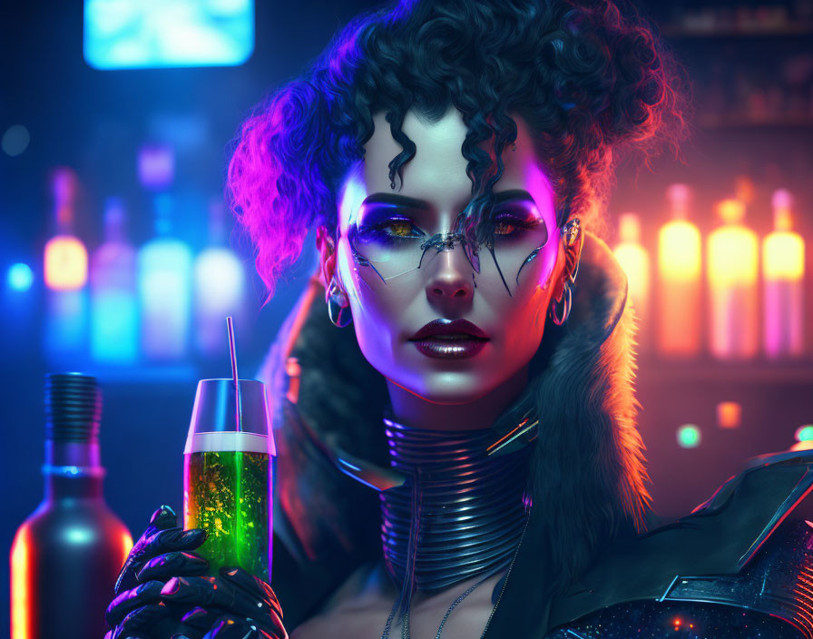 Curly-haired woman with futuristic glasses in neon-lit bar holding green drink