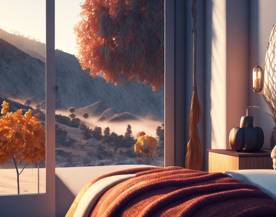 Warm Sunlit Room with Striped Blanket & Hill View