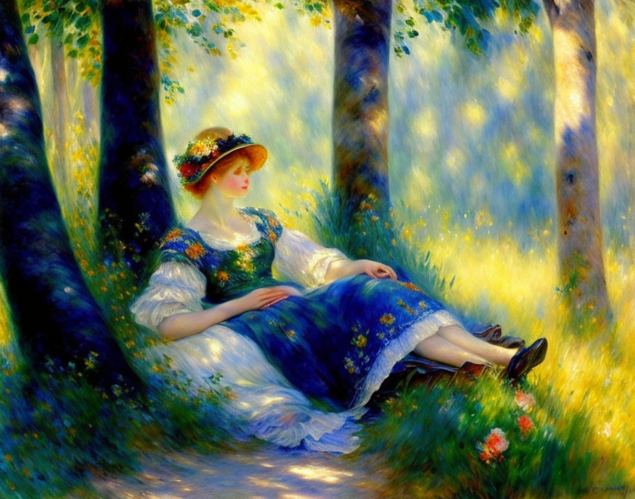 Woman in white and blue dress relaxing in forest sunlight