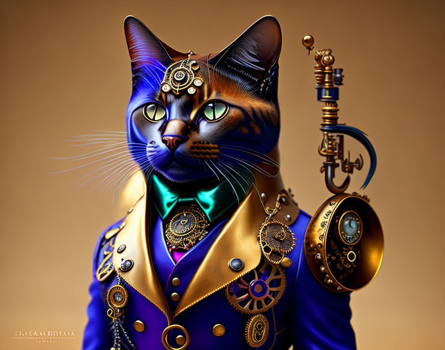 Steampunk-themed cat digital art with human-like posture and ornate outfit