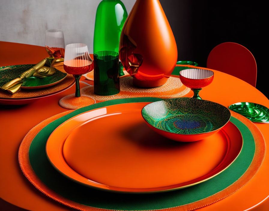 Colorful Table Setting with Orange Placemats and Patterned Dishes