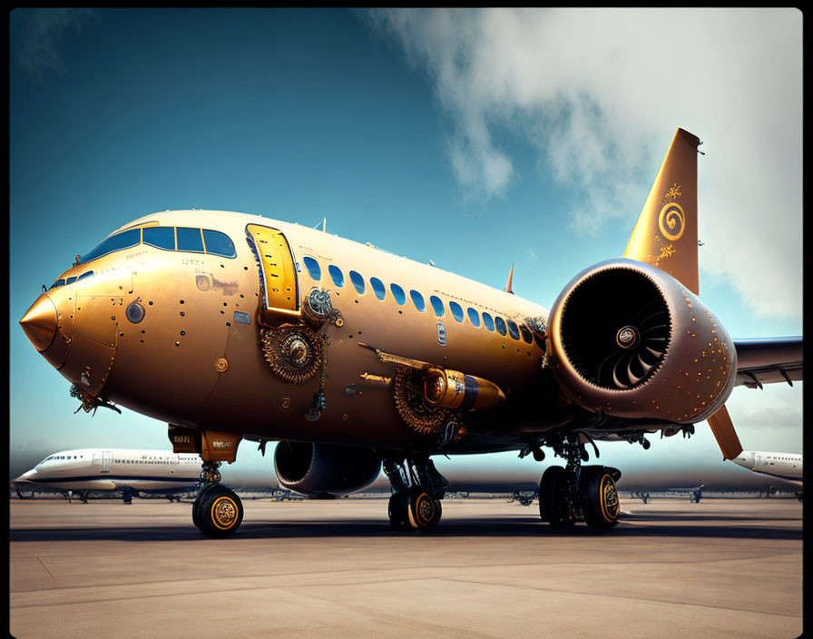 Stylized aircraft with golden and blue livery and intricate patterns on tarmac under clear sky