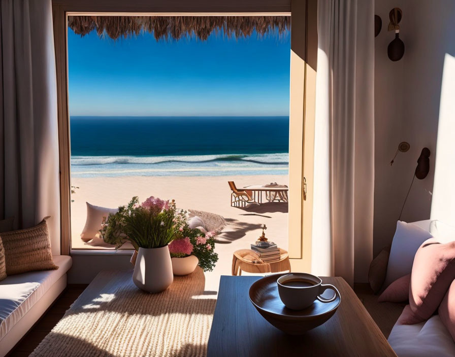 Beachfront room with ocean view, coffee table, and seating area