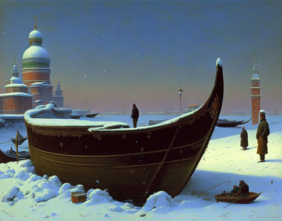 Snowy boat scene with people and architectural structures under blue sky