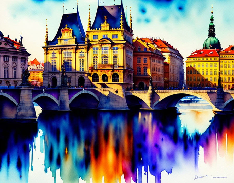 Vibrant European cityscape with historic buildings and bridge reflected in water