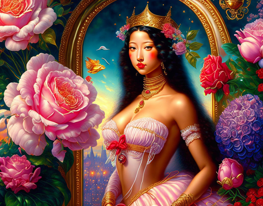 Elegant woman with crown in pink dress surrounded by flowers and butterflies