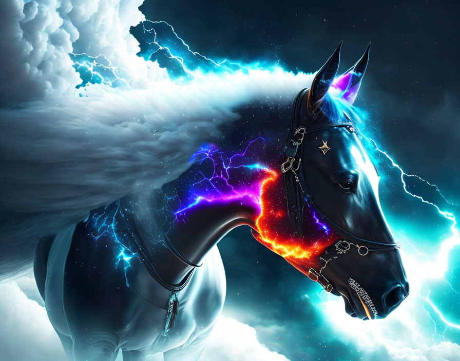 Cosmic horse head digital artwork with star-filled mane and lightning