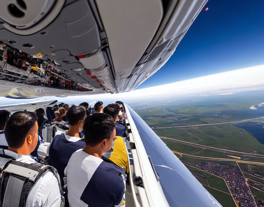 Airplane passengers view vast landscapes from open side window