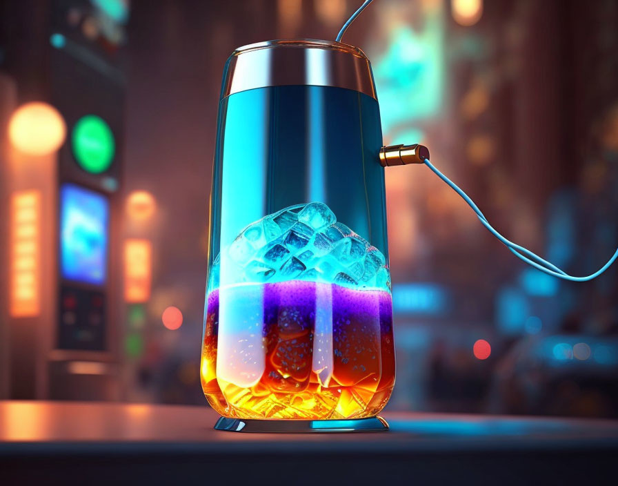 Transparent canister with glowing liquid layers and ice on bar with neon city lights