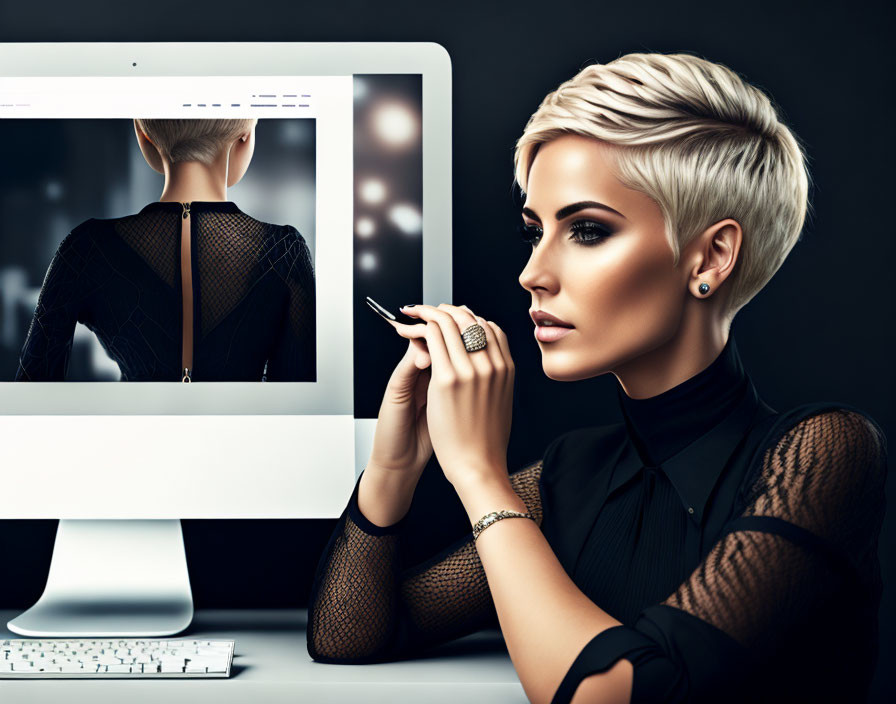 Blonde woman with pen at computer in self-reflection.