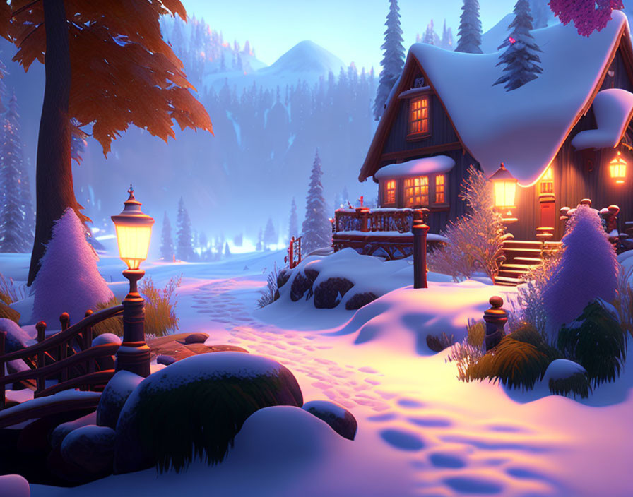 Snow-covered cabin with glowing windows in winter dusk