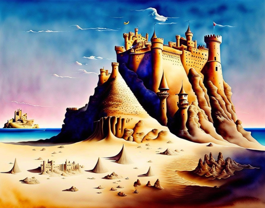 Detailed Sandcastle Artwork with Dunes and Seagulls