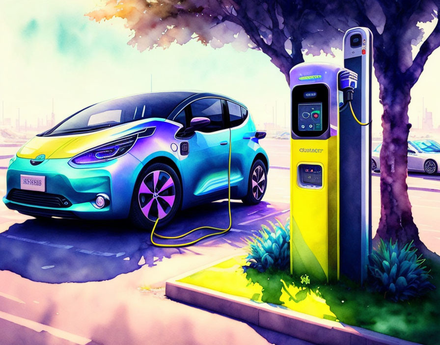 Illustration: Blue electric car charging at yellow station in futuristic city.