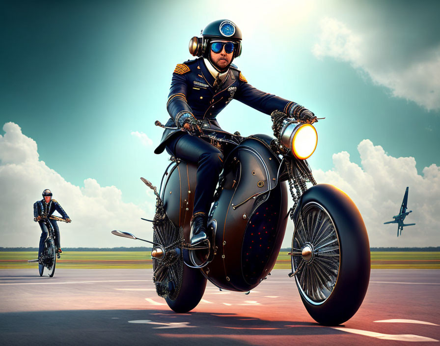 Retro-futuristic pilot in uniform on custom motorcycle at airstrip