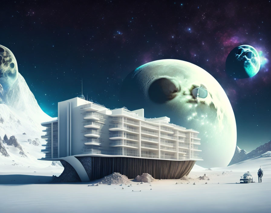 Futuristic sci-fi scene with modern building, snowy planet, and large moons.