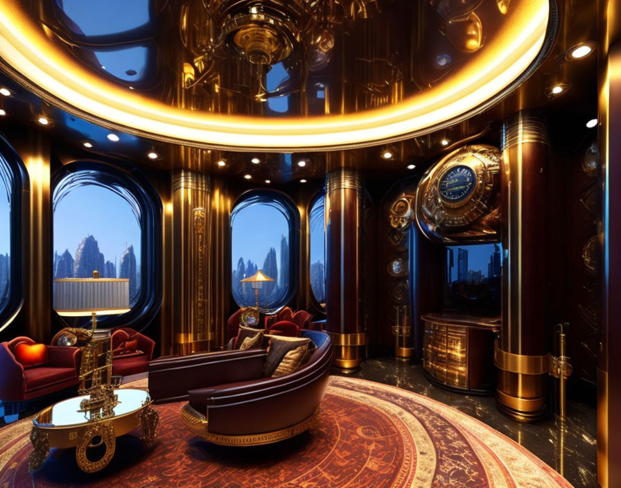 Opulent interior with golden accents, plush sofas, ornate ceiling, round windows, and classic rug